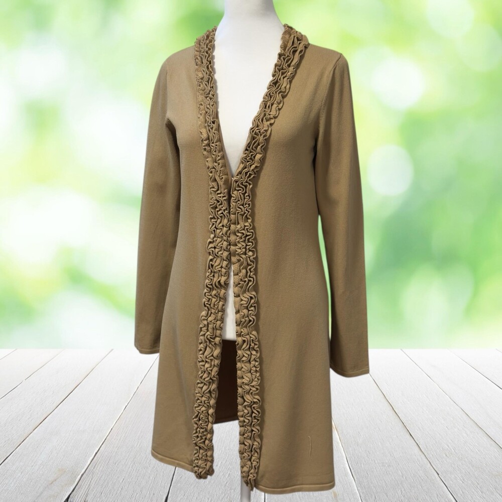 Vintage 90s MICHELLE NICOLE Long Cardigan Sweater Crochet Ruffle Trim Camel Sz S
